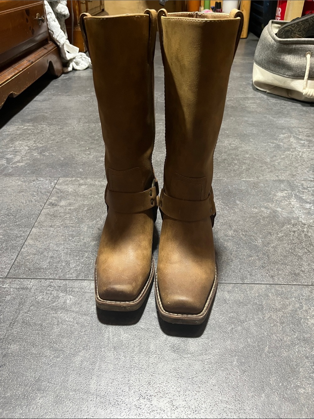 FRYE AND CO. Women's Brown Leather Harness Heeled Knee Boots